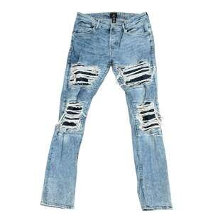 Mens H&M Men's Light Wash Distressed Rip and Repair Skinny Fit Biker Jeans